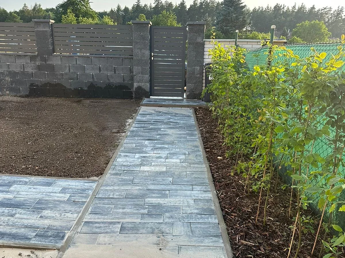 Chodník z betonové dlažby k zahradní brance, vpravo mulčovaný pás s mladým živým plotem
